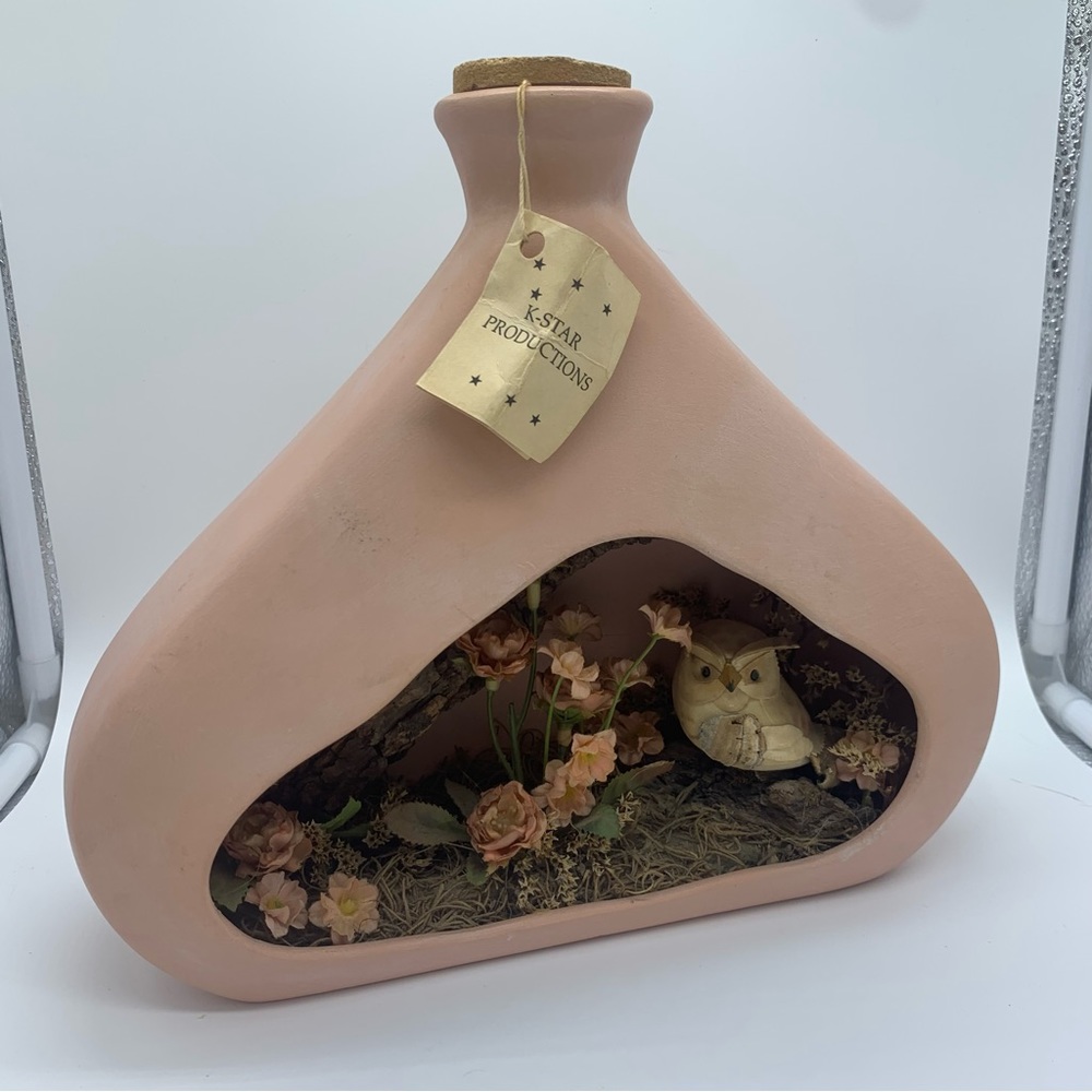 K-Star Productions Owl Wood Whimsical Pink Shadow Box Jar Handmade